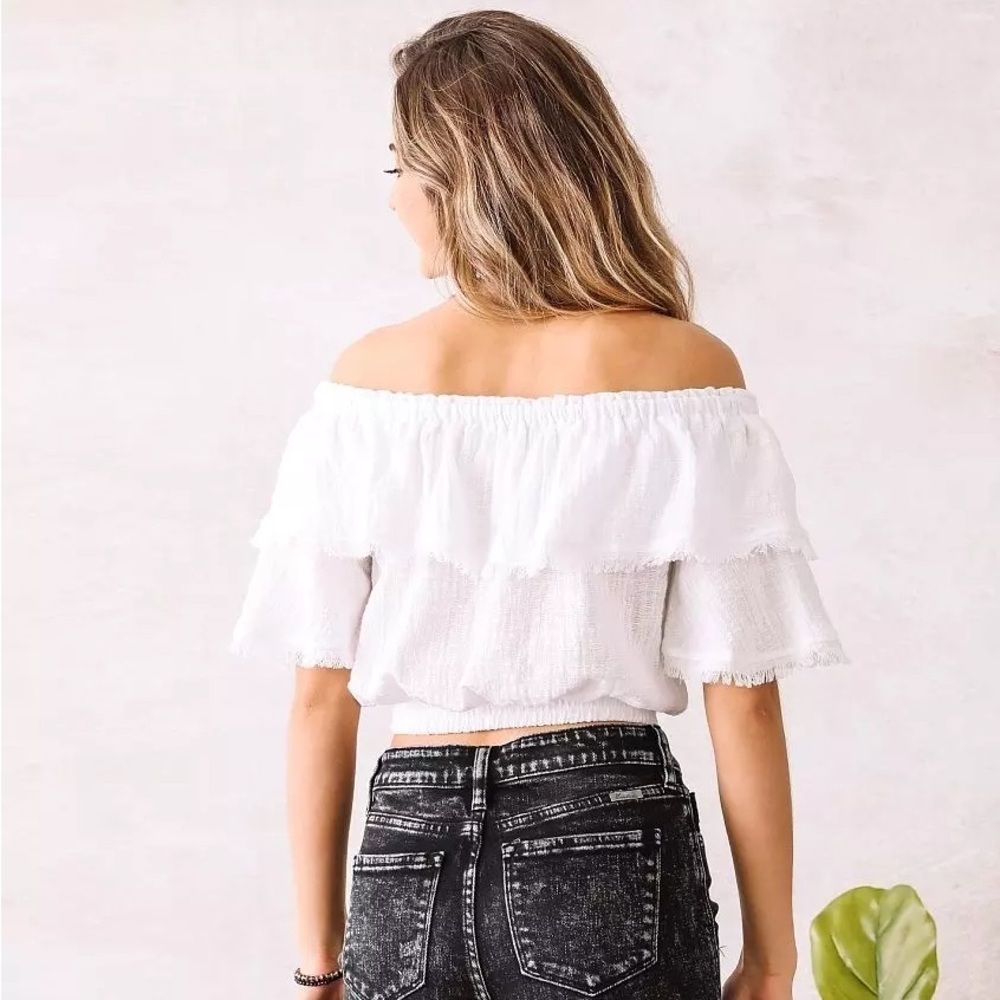 NWT Women’s HYFVEOff The Shoulder Linen Blend White Top- Size Small. - Picture 2 of 6